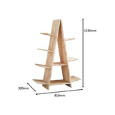 Wooden A-shape shelf with dimensions labeled on a white background
